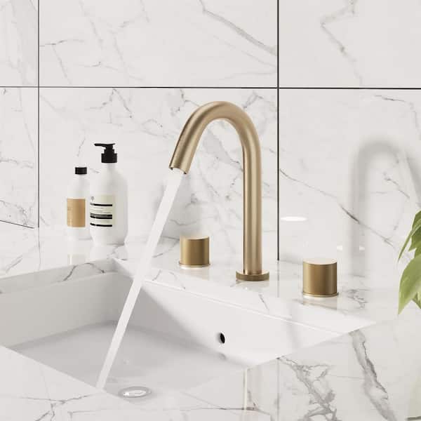 Deck Mounted 8 in. Widespread Double Handle Bathroom Faucet in Brushed Gold