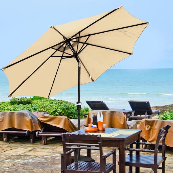 9 ft. Aluminum Market Crank and Tilt Patio Umbrella in Beige with Mobile Base