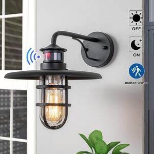 1-Light Matte Black Motion Sensing Dusk to Dawn Outdoor Barn Light Sconce with Clear Seeded Glass