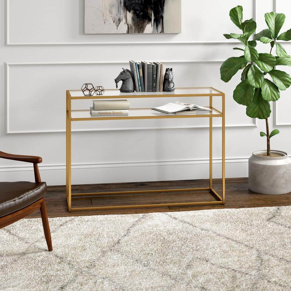 Brass & Glass 42'' Industrial Console Table with Storage Shelf