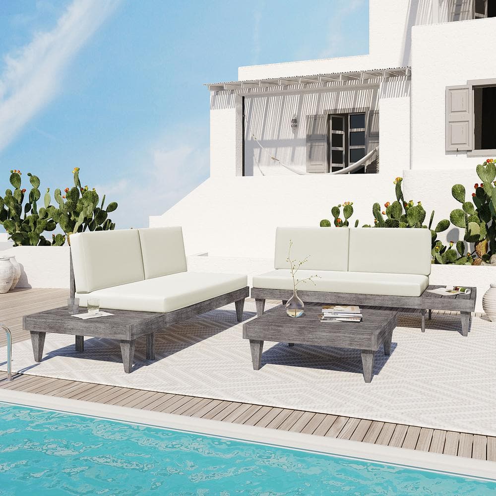 3-Piece Acacia Wood Outdoor Patio Sectional Sofa Seating Conversation Sets 