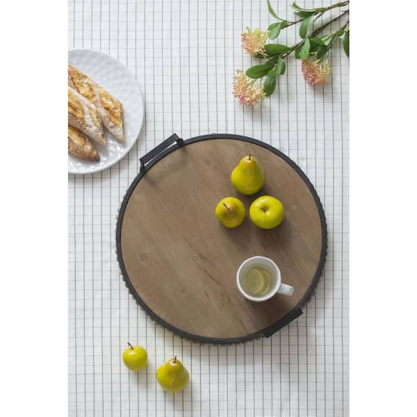 A & B Home Brown Wood Bead Tray with Metal Handles 17.5 in. Dia x 3.5 in.