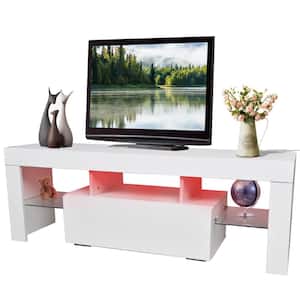 51 in. White TV Stand Fits TV's up to 55 in. with LED Lights Entertainment Center TV Cabinet with Lage Storage Drawers