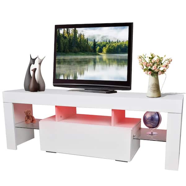 Unbranded 51 in. White TV Stand Fits TV's up to 55 in. with LED Lights Entertainment Center TV Cabinet with Lage Storage Drawers