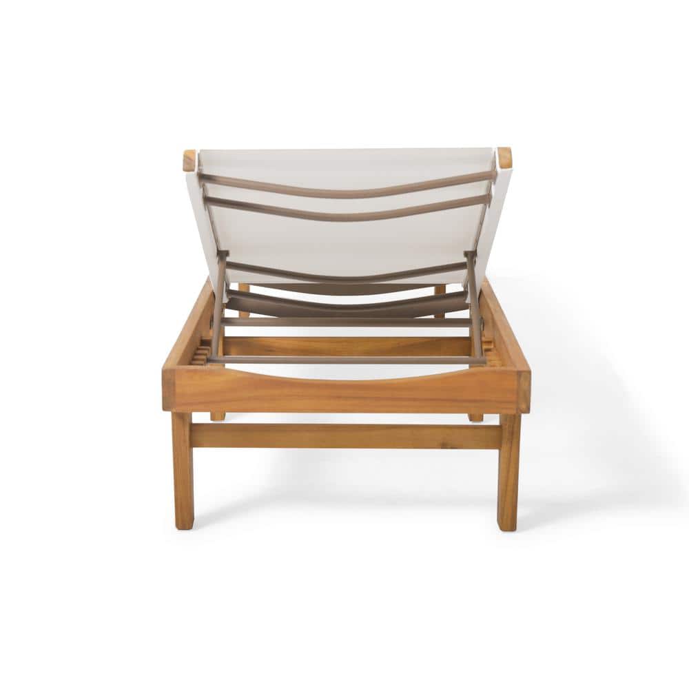 Teak and White Mesh Outdoor Adjustable Chaise Lounge