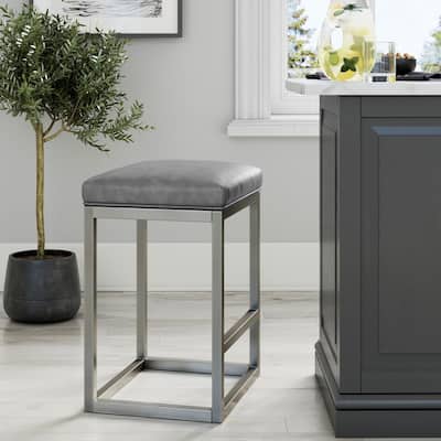 Nelson 24 in. Gray Leather Cushion and Stainless Steel Frame Metal Bar Stool