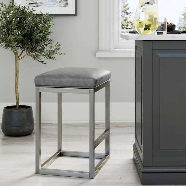 Nathan James Nelson 24 in. Gray Leather Cushion and Stainless Steel Frame Metal Bar Stool