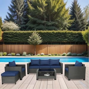 7-Piece Dark Brown Rattan Wicker Outdoor Patio Conversation Sectional Sofa with Navy Blue Cushions