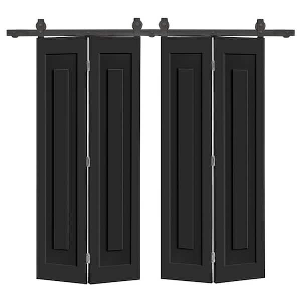 CALHOME 56 in. x 84 in. 1 Panel Shaker Hollow Core Black Composite Double Bi-fold Door with Barn Door Hardware Kit