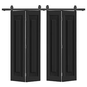 72 in. W. x 80 in. 1 Panel Shaker Hollow Core Black Composite Double Bi-fold Door with Barn Door Hardware Kit