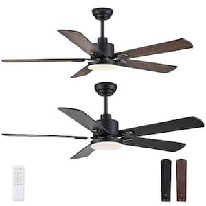 2-Pack 52 in. Indoor Integrated LED Ceiling Fan with Light and Remote 5 Double Finish Blades Walnut and Black