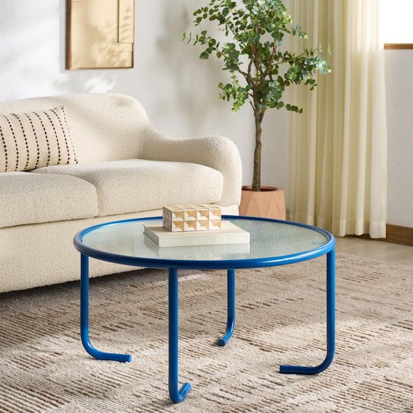 SAFAVIEH Zuzana 31 in. Blue and Clear Round Glass Coffee Table
