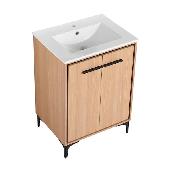 Boosicavelly 24.02 in. W 18.11 in. D 33.86 in. H Single Sink Freestanding Bath Vanity in Oak with White Ceramic Top