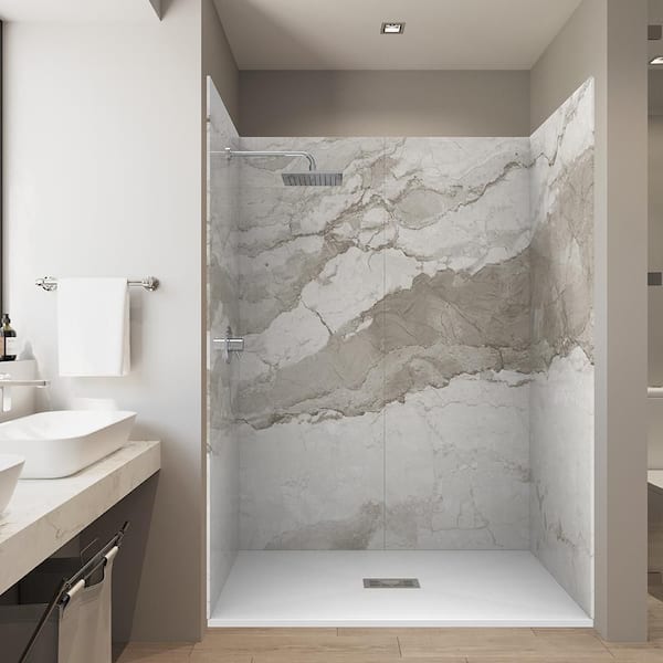 CASTICO Italian Beige 36 in. x 60 in. x 84 in. Solid Composite Stone Alcove Shower Kit w/ Walls and White Pan Base Center Drain