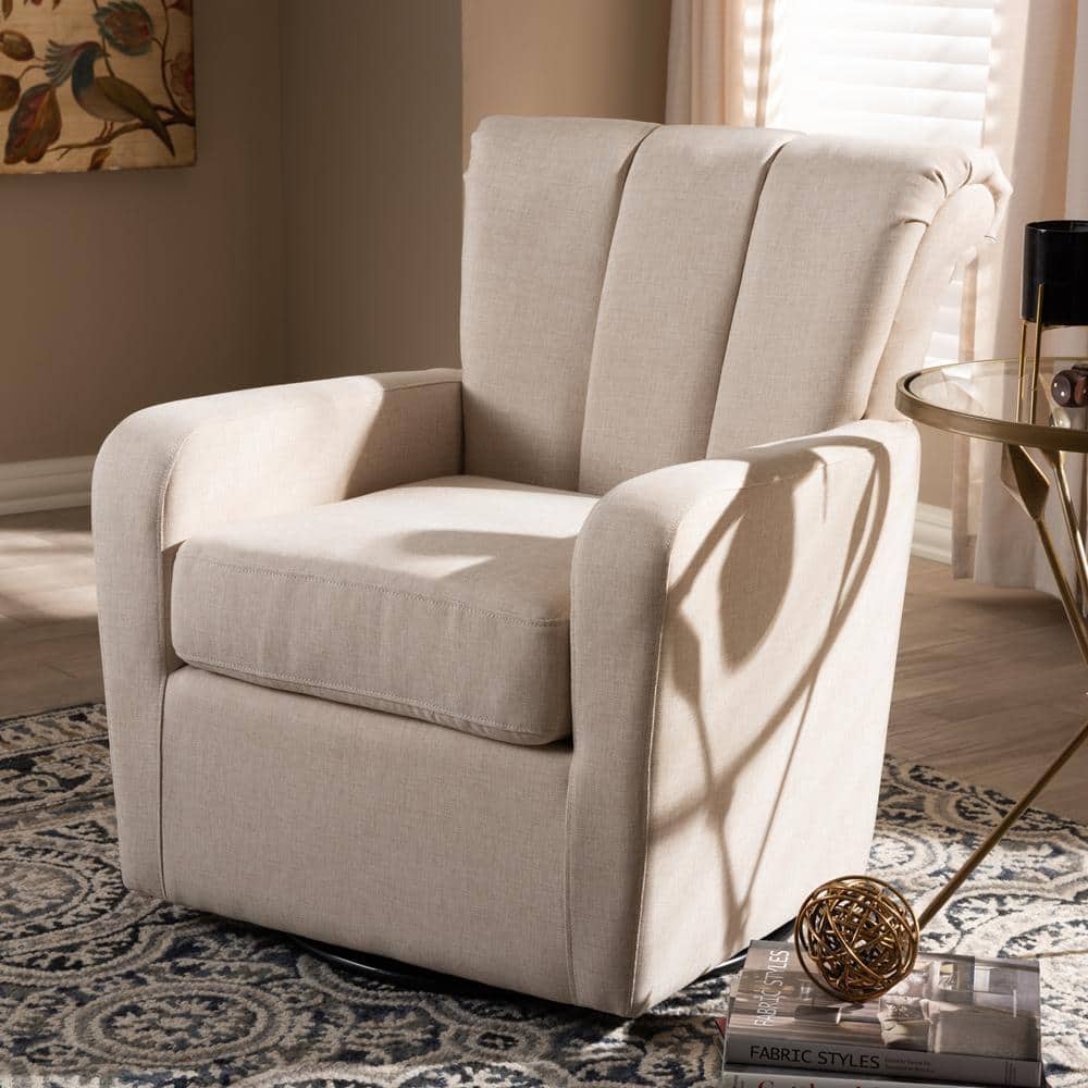 Beige Channel-Tufted Leather Swivel Accent Chair with Manufactured Wood