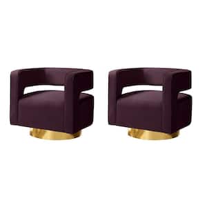 Gustaf Contemporary Purple Velvet Comfy Swivel Barrel Chair with Open Back and Metal Base (Set of 2)