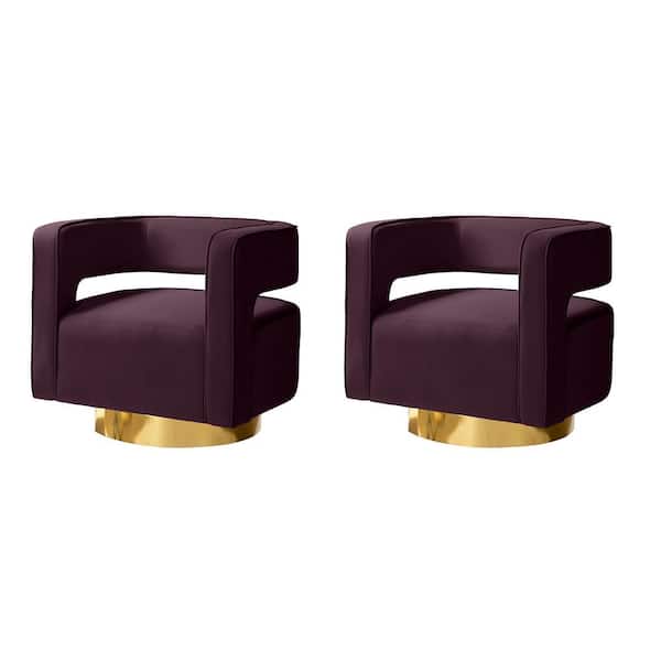 JAYDEN CREATION Gustaf Contemporary Purple Velvet Comfy Swivel Barrel Chair with Open Back and Metal Base (Set of 2)