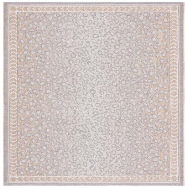 Courtyard Beige/Gold 4 ft. x 4 ft. Border Cheetah Indoor/Outdoor Square Area Rug