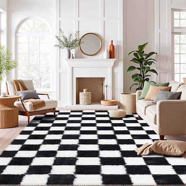 Checkerboard Shag Black/White 8 ft. x 10 ft. Checkered Area Rug