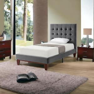 Gray Wood Frame Twin Panel Bed with Tufted; Upholstered