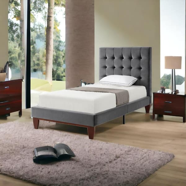 HomeRoots Gray Wood Frame Twin Panel Bed with Tufted; Upholstered