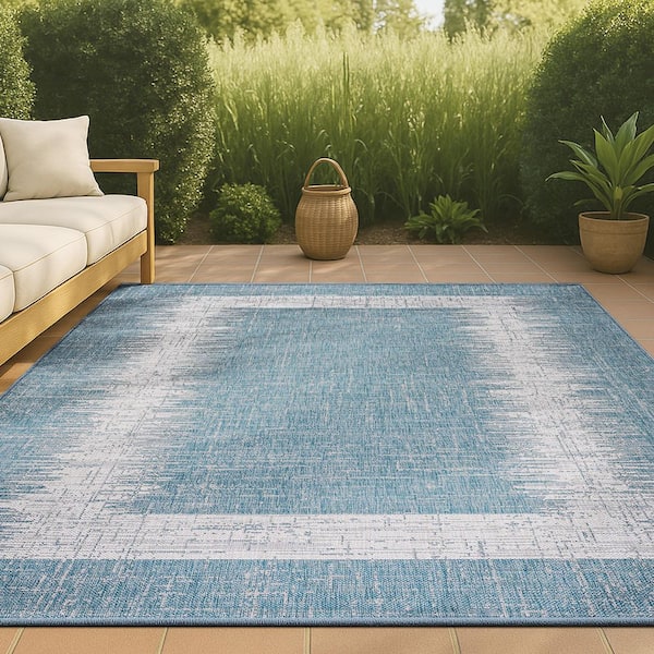 JONATHAN Y Scandi Minimalist Border Aqua/Ivory 4 ft. x 6 ft. Indoor/Outdoor Area Rug
