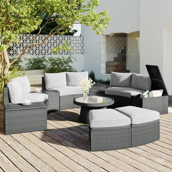 オットマン1つ 10-Piece Gray Wicker Outdoor Half Round Sectional Set, Patio PE