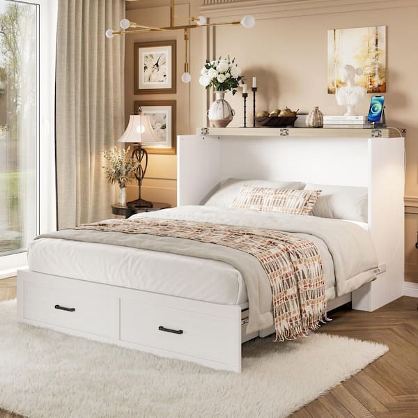 Ivandor White Wood Frame Queen Size Murphy Bed Chest Cabinet with Large Drawer, USB Charging Station