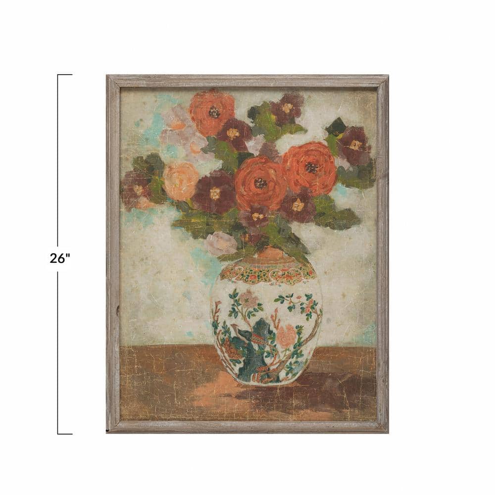 Vintage-Inspired Wood Framed Floral Vase Wall Art