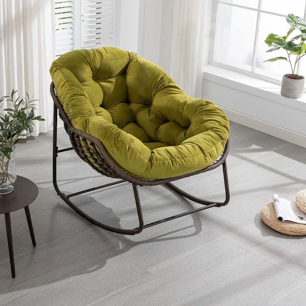 Hand-Woven Wicker Outdoor Rocking Chair with Padded Cushion in Olive Green