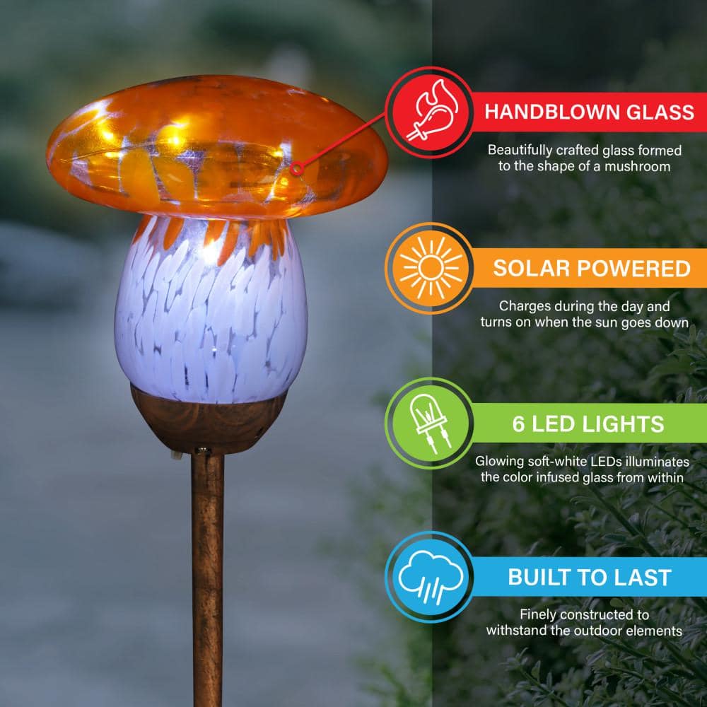 Solar Orange and White Glass Mushroom Garden Stake