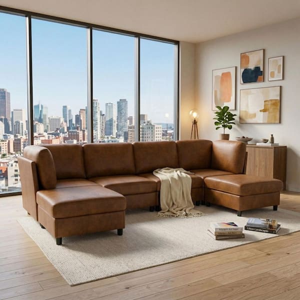 Sean 124 in. Straight Arm Fabric Upholstery U-Shaped Sectional Sofa in Light Brown