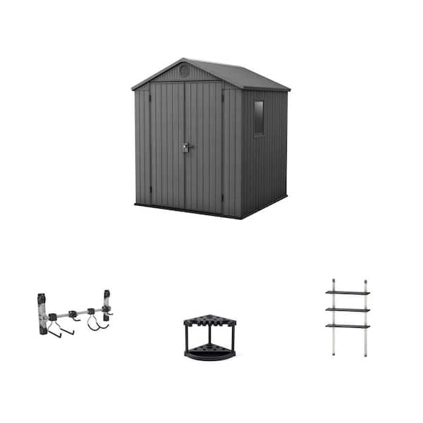 Darwin 6 ft. x 6 ft. Resin Shed, Black Shed Hook Hanger, 22 in. Tool Rack and 12 in. Adjustable Shelve Kit Combo