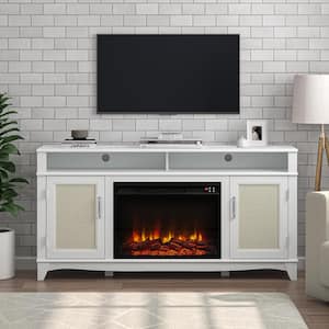 63 in. Wooden TV Stand Electric Fireplace in White with Shaped Base for TVs up to 65 in.