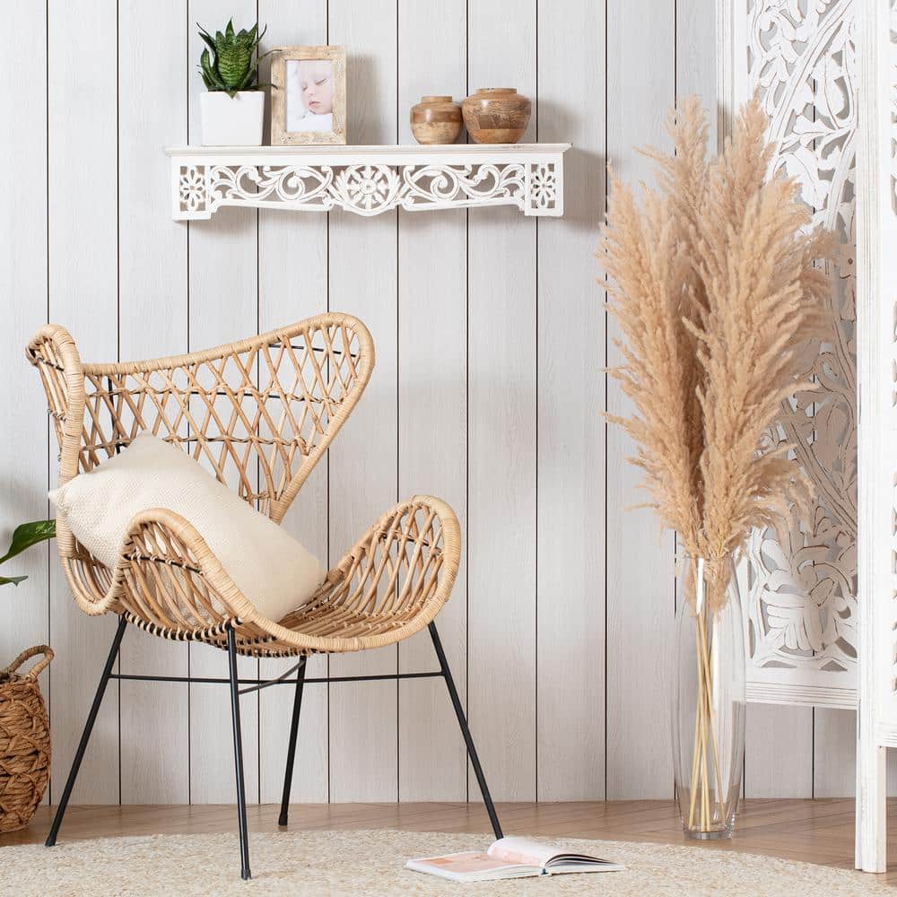 Morris White Hand Carved Wood Floating Wall Shelf, 30"