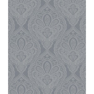 Emporium Collection Grey and Silver Mehndi Damask Embossed Metallic Finish Paper Non-Pasted Non-Woven Wallpaper Roll