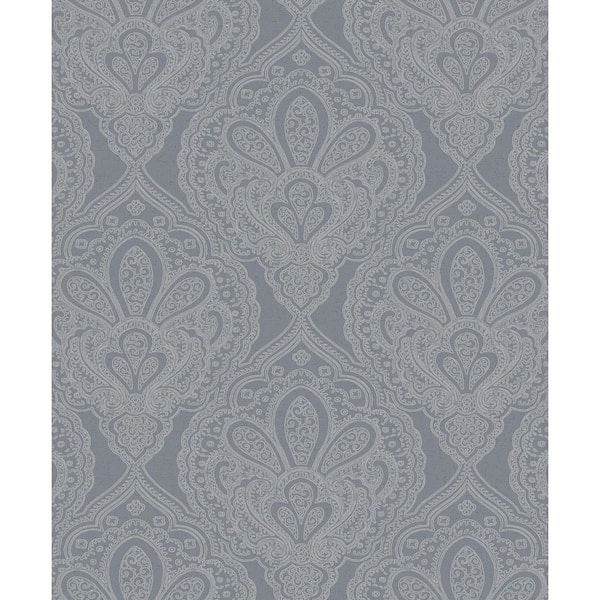 Unbranded Emporium Collection Grey and Silver Mehndi Damask Embossed Metallic Finish Paper Non-Pasted Non-Woven Wallpaper Roll