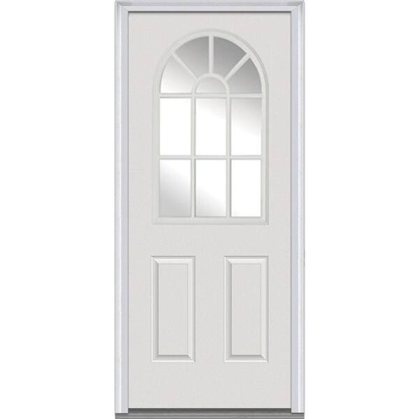 MMI Door 34 in. x 80 in. Clear Right-Hand 1/2 Lite Round Top 2-Panel  Classic Primed Fiberglass Smooth Prehung Front Door