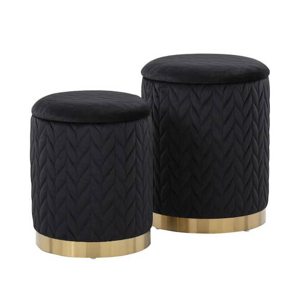 Lumisource Marla Black Velvet and Gold Metal Quilted Nesting Ottoman Set