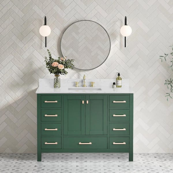 Bath Mist 48 in. W Single Sink Freestanding Bath Vanity in Green with White Engineered Top
