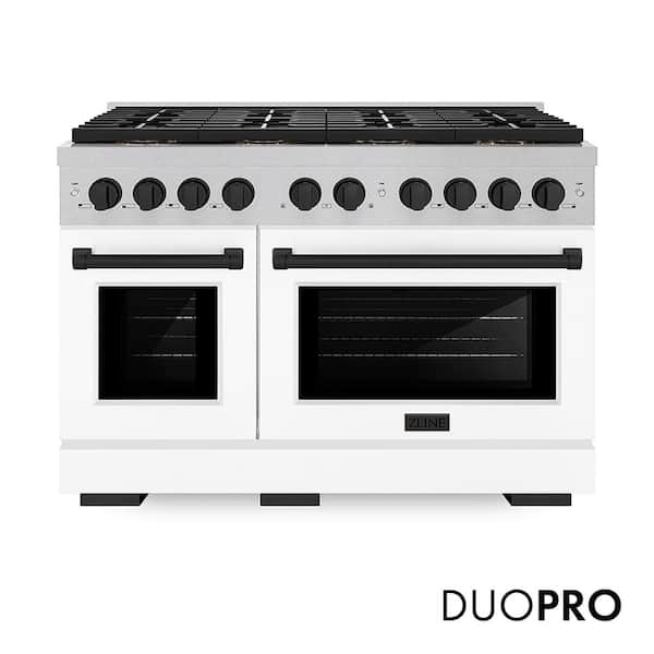 Autograph 48 in. 6.7 cu. ft. Gas Range with 8-Burner DuoPro Cooktop and Dual Ovens in Satin with White Matte and Black