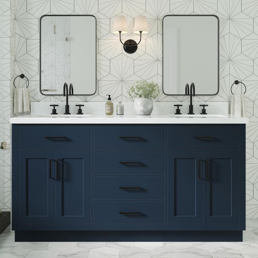 Hepburn 66 in. W x 22 in. D x 36 in. H Double Sink Freestanding Bath Vanity in Midnight Blue with Carrara Quartz Top -  ARIEL, T066DCQRVOMNB