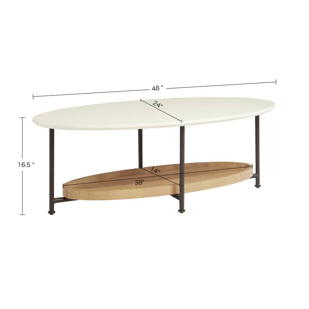 White and Natural Oval Wood Metal Coffee Table