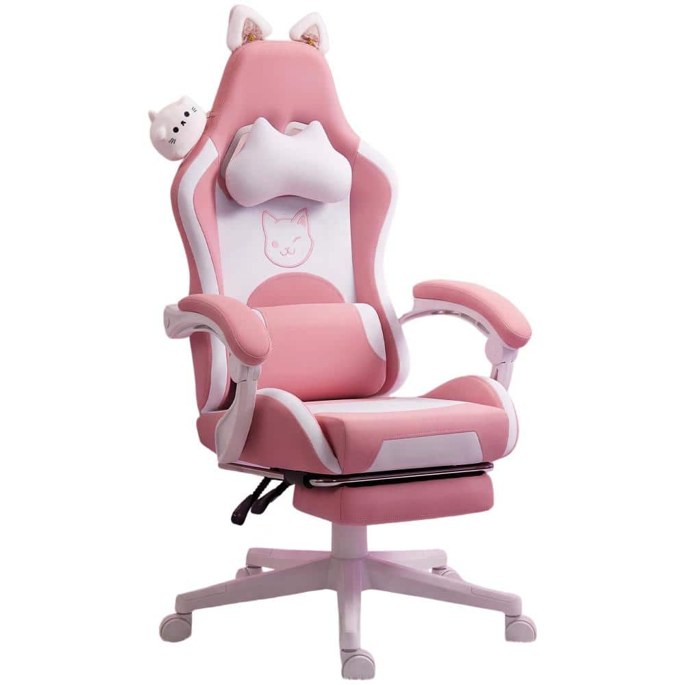 Pink Gaming Chair with Cat Ears and Massage Lumbar Support, Ergonomic Computer Chair with Footrest and Headrest