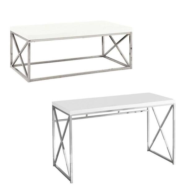 Monarch Specialties White Chrome Metal Contemporary Design Living Room Coffee Table and Desk