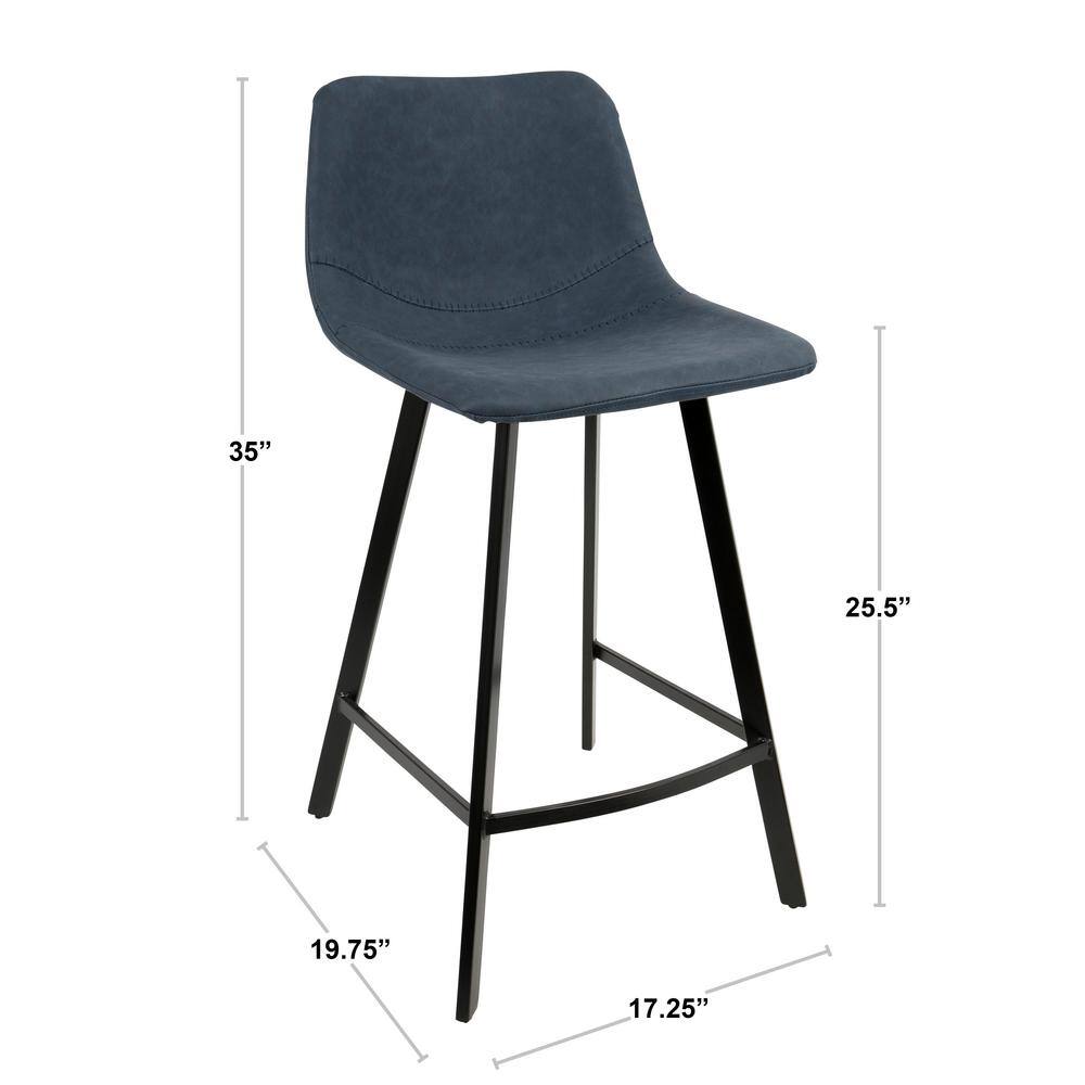 Contemporary Blue Faux Leather and Black Metal Counter Stool, Set of 2