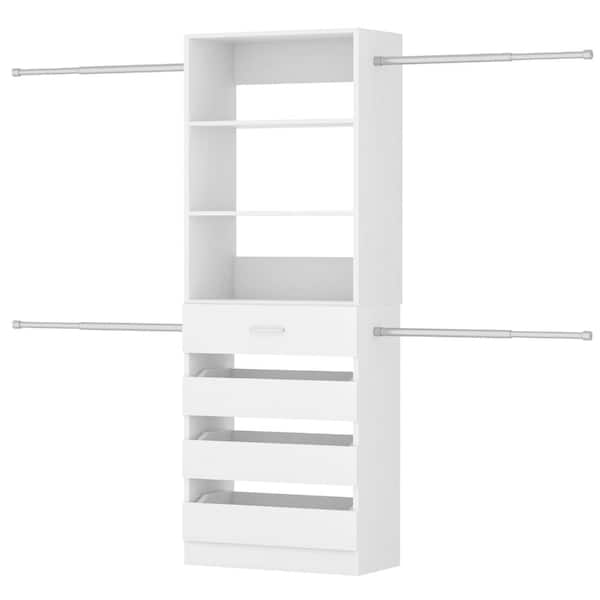 Closet System with 4 Hanging Rods, 4-9Ft Wood Closet Organizer with 4 Drawers and Tower, 48 in. W - 108 in. W