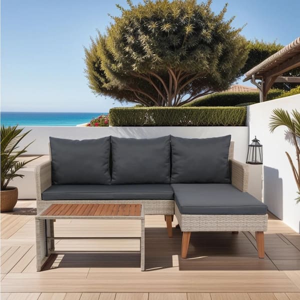 Runesay Natural Yellow 3-Piece Wicker Rattan Outdoor Sectional Set with Dark Grey Cushion and Coffee Table