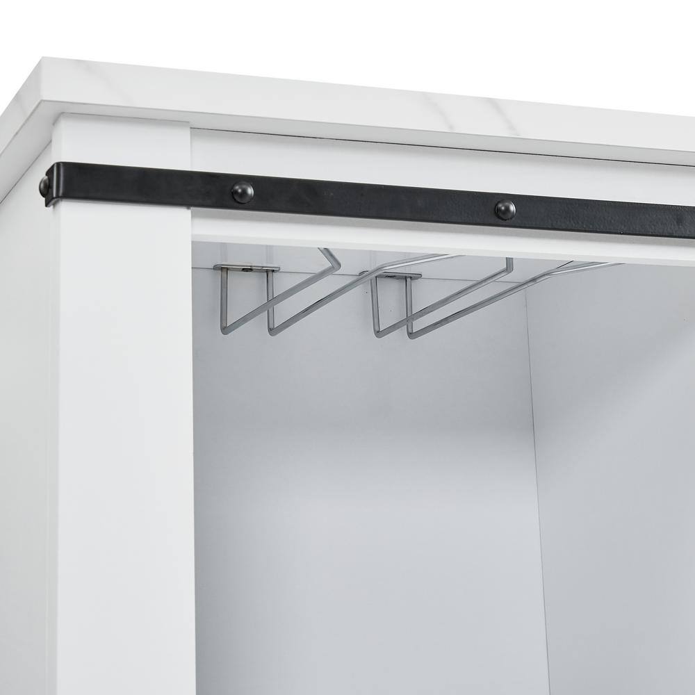 Festivo 37" White Wood Barn Door Buffet Bar Cabinet with Marble Pattern Top