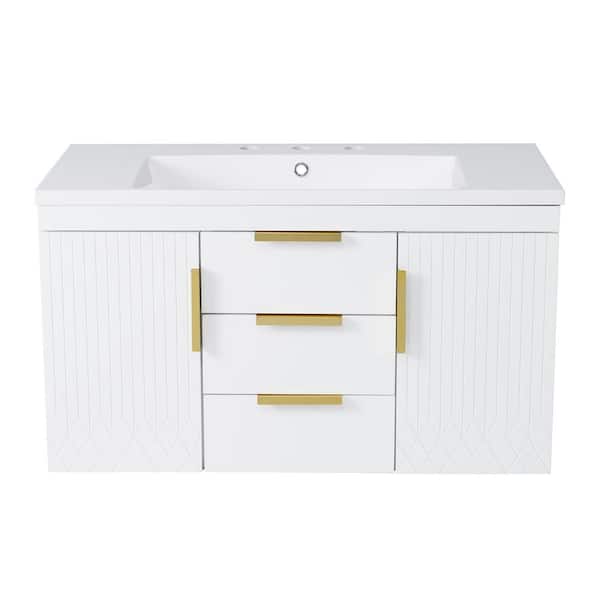 36 in. Single Sink Floating White Bath Vanity with White Resin Top, 2 Drawers and 2 Cabinets, Rust-resistant Handles